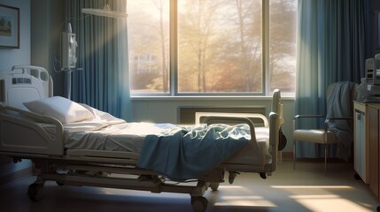 A serene hospital room bathed in warm, natural light, with a patient peacefully resting in a bed, their face softly illuminated.