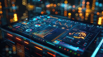 Futuristic digital interface with glowing data and graphs, set against a backdrop of a blurred city.
