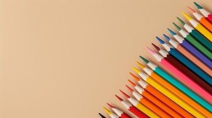 Fototapeta premium Top-down view of colorful pencils and school supplies on a beige table, perfect for back-to-school themes, with plenty of copy space, 32k, full ultra HD