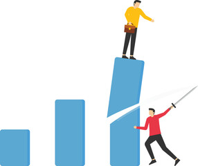 Fototapeta premium Businessman cutting down bar graph with another businessman on top. Business competition concept.