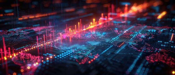 Futuristic digital landscape with glowing data points and neon lines, representing advanced technology, big data analysis, and network connections.
