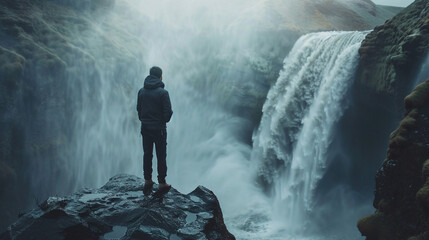 Tourist standing on a cliff overlooking a majestic waterfall.