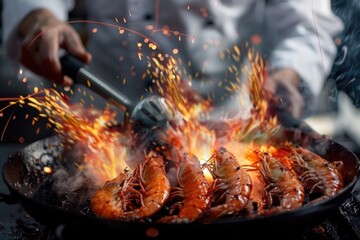 Chef cooking with Tiger prawn on dark background