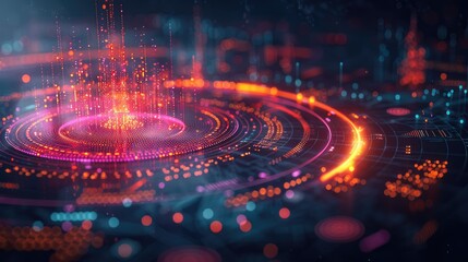 Futuristic digital technology background with glowing circular data visualization interfaces in vibrant neon colors, showcasing innovation and progress.