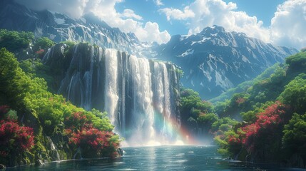 Fototapeta premium A vibrant image of a rainbow forming over a majestic waterfall amidst lush greenery.