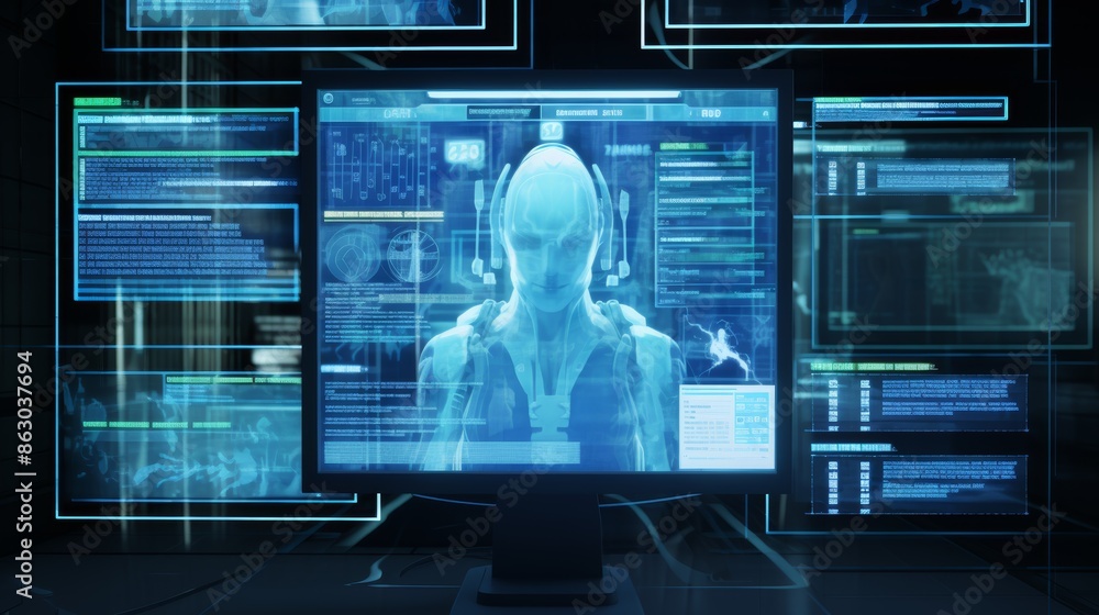 Poster A virtual hologram screen displaying a patient's medical records in multiple languages.