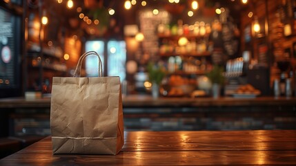 Brown Paper Bag On Wooden Table In Front Of Bar Counter