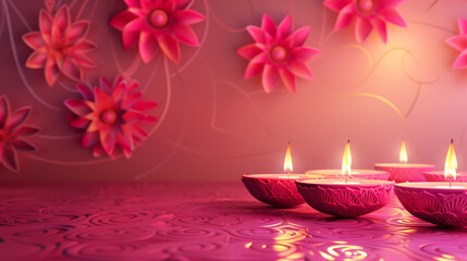 Oil lamps with flowers decoration in Diwali festival.