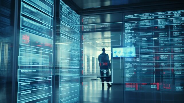 A virtual hologram screen displaying a patient's medical records in multiple languages. - Powered by Adobe