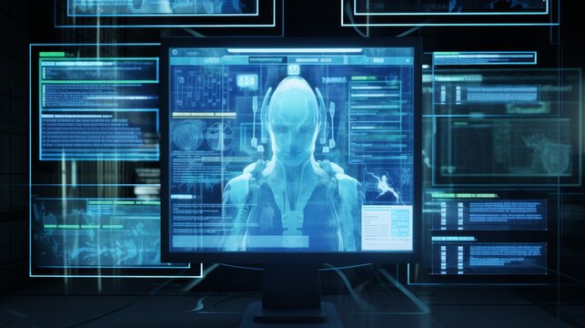 A virtual hologram screen displaying a patient's medical records in multiple languages. - Powered by Adobe