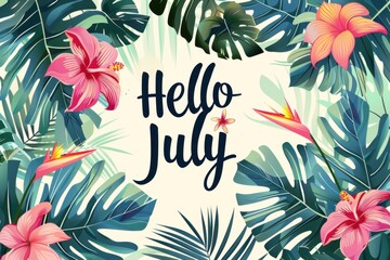 "Hello July", text with a summer leaves and tropical flowers background design for a banner, poster or card Generative AI