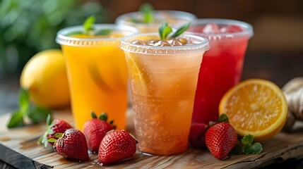 Refreshing Assortment of Colorful Fruit Juices with Fresh Strawberries and Oranges