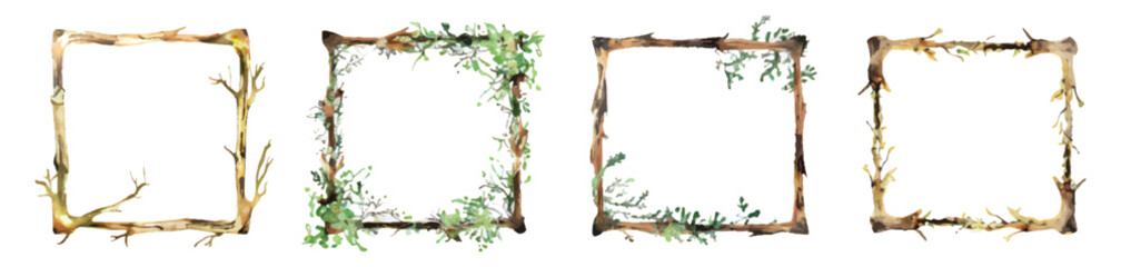 Naklejka premium Set collection of frame border floral tree branches form square shape. Rustic arch hand drawn watercolor design resources elements
