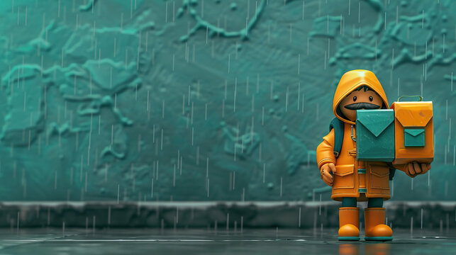 3d Cartoon postman in a raincoat delivering mail on isolate