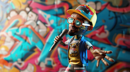 3D cartoon rapper with a microphone and a graffiti background
