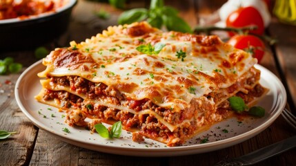 plate of lasagna with minced beef, tomato sauce and vegetable