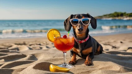 Dachshund dog in sunglasses with cocktail on beach by sea