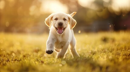 Playful labrador puppy joyfully running in sunny field with tongue out, basking in warm sunlight