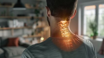 Man feels pain in his neck. Person suffers from sensation in cervical spine. Osteochondrosis symptoms. Pinched nerves. Painful feelings. Red neckpain x. Young adult guy need massage.