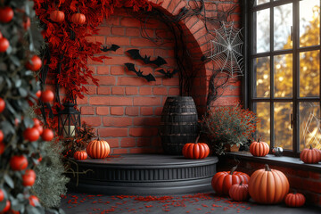 Naklejka premium Realistic 3D background of podium with pedestal for halloween and black friday, clean wall scene for sales. Minimalist mock-up or product display presentation, scenic showcase.