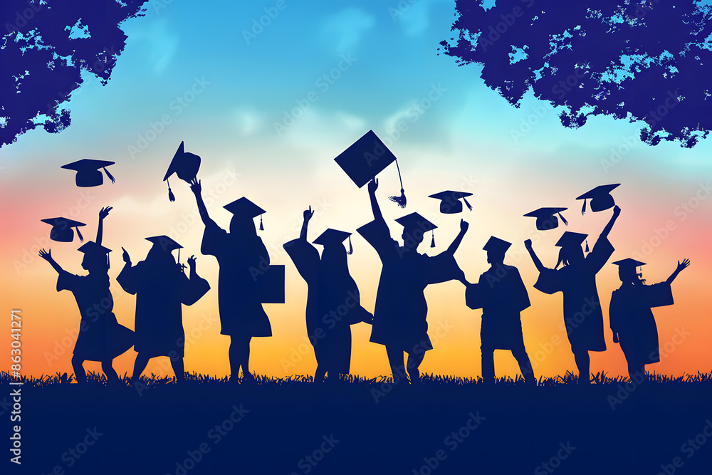 Wall mural cheerful graduate students with diploma and academic caps, silhouette. graduation at university or c