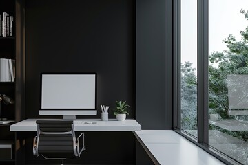 modern home office setup with PC on a desk, bookshelf, blank white screen mockup, and dark wall background near a window