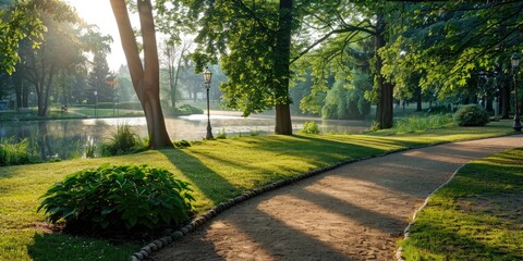 Fototapeta premium A beautiful summer park with walking paths and pond