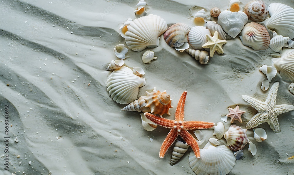 Poster top view of a sandy beach with exotic seashells and starfish creating an artistic summer scene for b