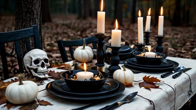 An elegant Halloween table setting in a forest features black dinnerware and white mini pumpkins. Halloween party.
