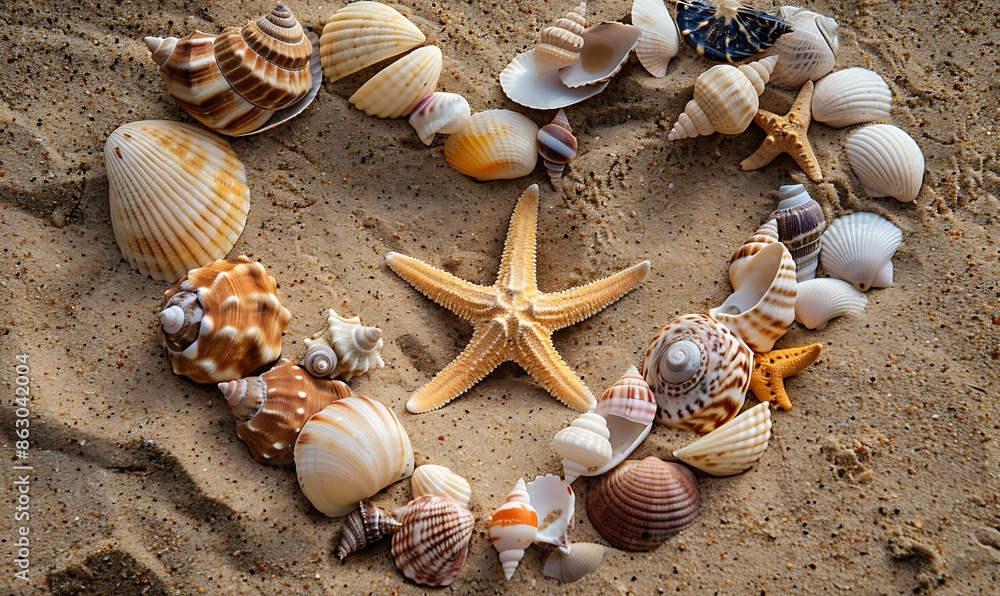 Poster top view of a sandy beach with exotic seashells and starfish creating an artistic summer scene for b