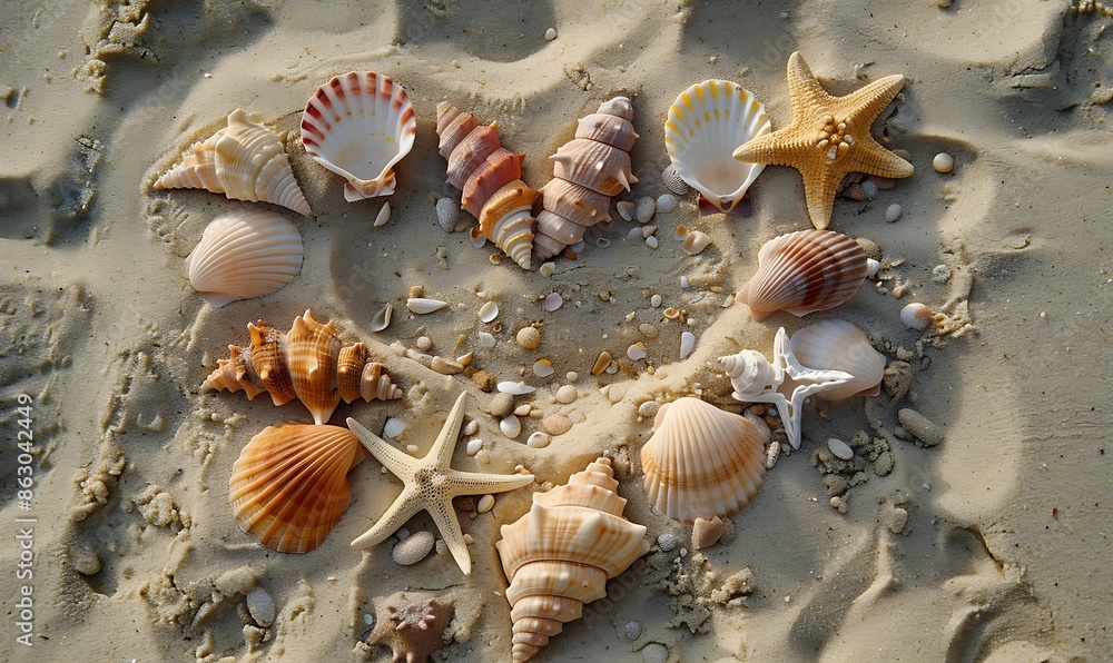Poster top view of a sandy beach with exotic seashells and starfish creating an artistic summer scene for b