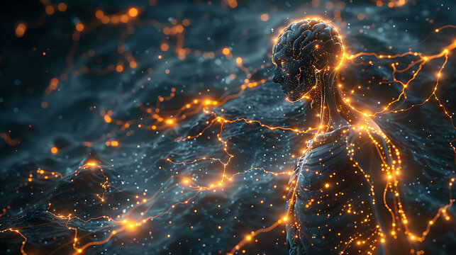 Neurological health visualization Person amyotrophic lateral sclerosis ALS glowing depiction of the brain and spinal cord showing motor neuron degeneration