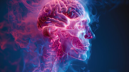 Neurological health visualization Person Parkinson's disease glowing depiction of the brain showing diminished dopamine production and affected motor control