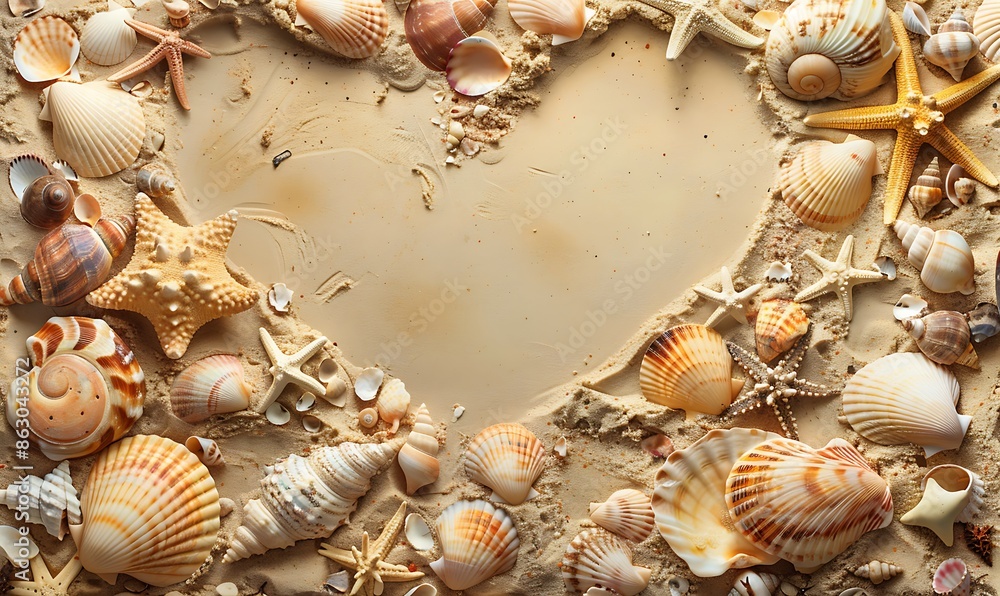 Poster top view of a sandy beach with exotic seashells and starfish creating an artistic summer scene for b