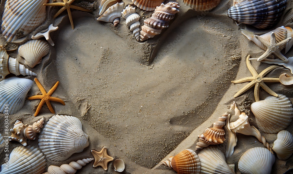 Aufkleber top view of a sandy beach with exotic seashells and starfish creating an artistic summer scene for b