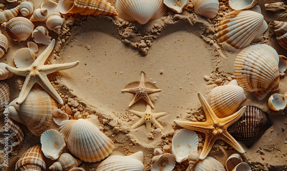 Poster top view of a sandy beach with exotic seashells and starfish creating an artistic summer scene for b