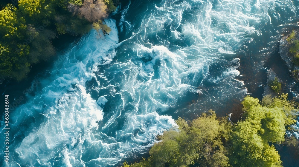Poster aerial view of the waves and rapids of the wild river closeup top shot : generative ai