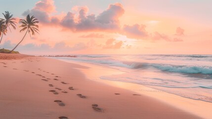 Sunset Beach with Palm Trees and Footprints, Generative AI