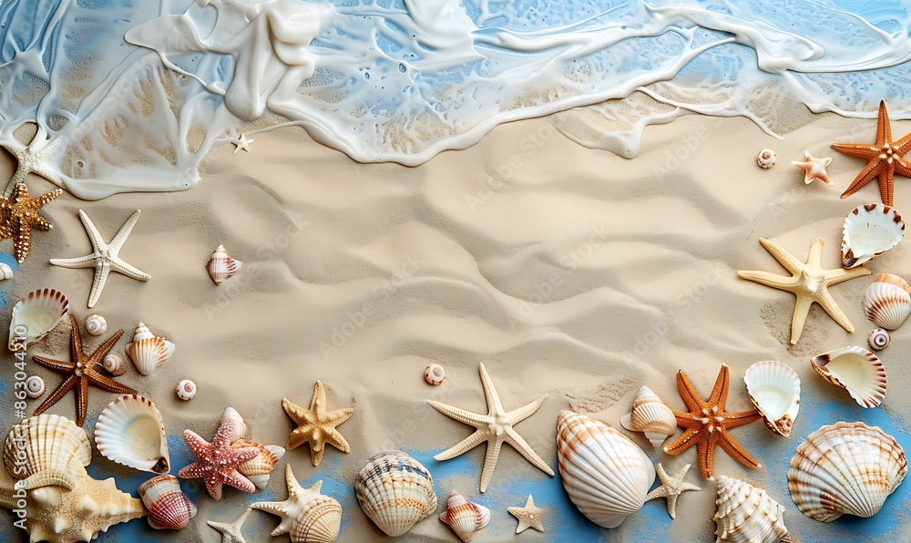 Aufkleber top view of a sandy beach with exotic seashells and starfish creating an artistic summer scene for b