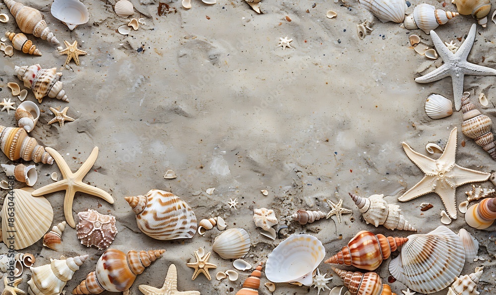 Aufkleber top view of a sandy beach with exotic seashells and starfish creating an artistic summer scene for b
