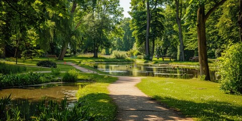 Naklejka premium A beautiful summer park with walking paths and pond