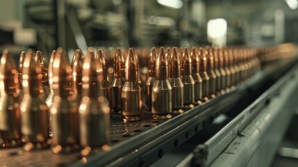 There is a row of bullets on the conveyor belt. The bullets are made of copper and are manufactured in a factory
