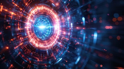 Futuristic glowing circular interface with vibrant light effects and dynamic patterns, representing advanced technology and digital innovation.
