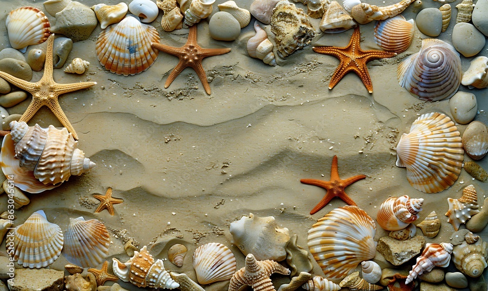 Poster top view of a sandy beach with exotic seashells and starfish creating an artistic summer scene for b