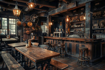 Rustic Pub Interior with Wooden Bar and Tables