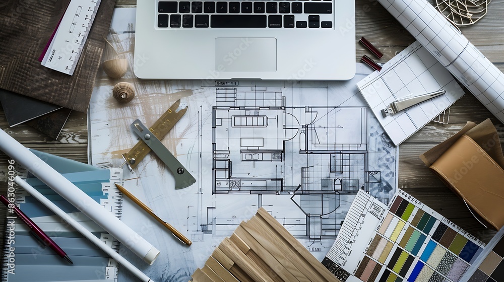 Poster Architect concept Computer and blueprint of house interior design with color swatch in workplace : Generative AI