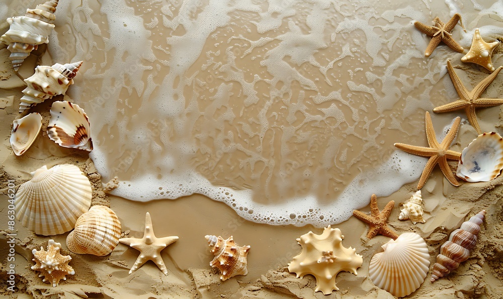 Aufkleber top view of a sandy beach with exotic seashells and starfish creating an artistic summer scene for b