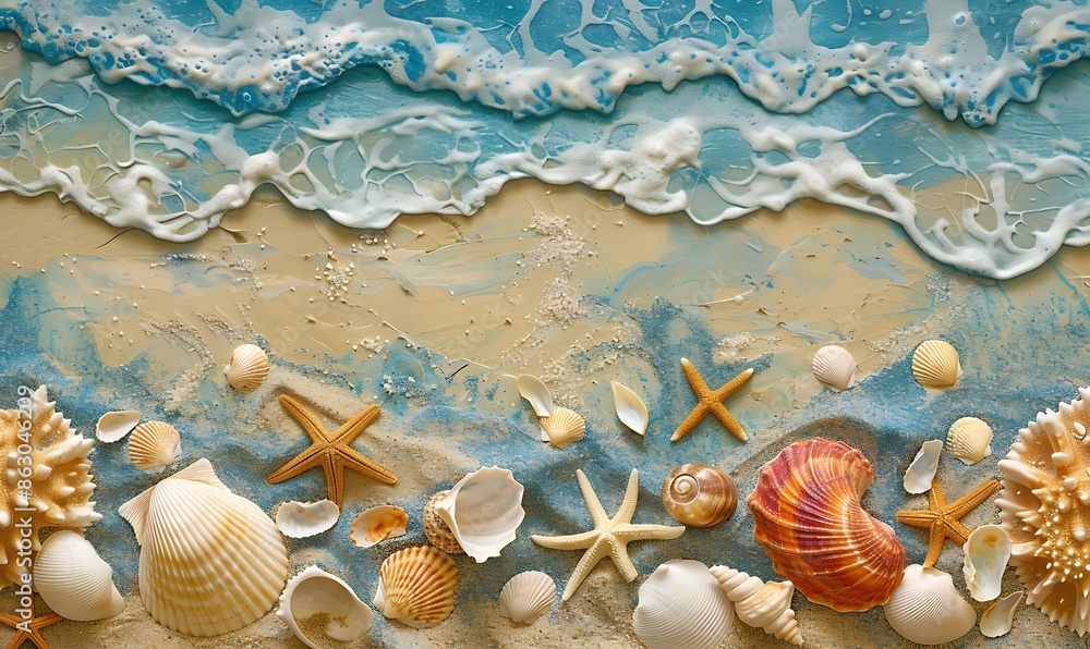 Aufkleber top view of a sandy beach with exotic seashells and starfish creating an artistic summer scene for b