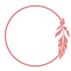 A pink circular frame with a feather design element