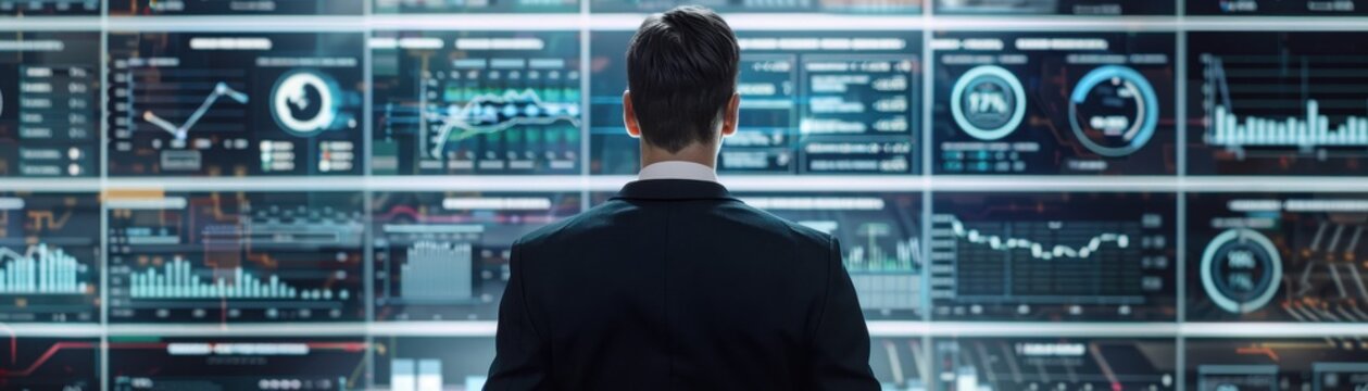 Male CEO in black suit, torso view, analyzing global market data, sophisticated office backdrop, emphasizing global business acumen, robotic tone, Splitcomplementary color scheme